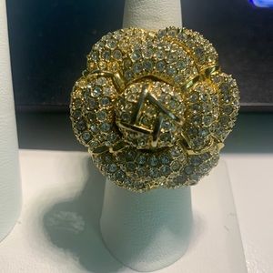 Signed SJ large gold tone CZ flower cocktail ring Sz 7